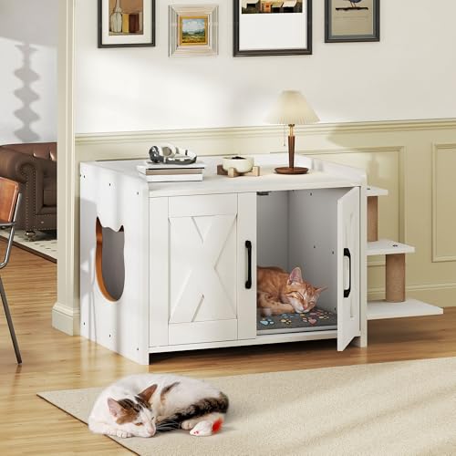 White Wooden Cat Litter Box Enclosure with Scratching Post T320360