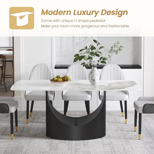 63" White Marble Sintered Stone Top Rectangle Dining Table with Black Carbon Steel Pedestal A201