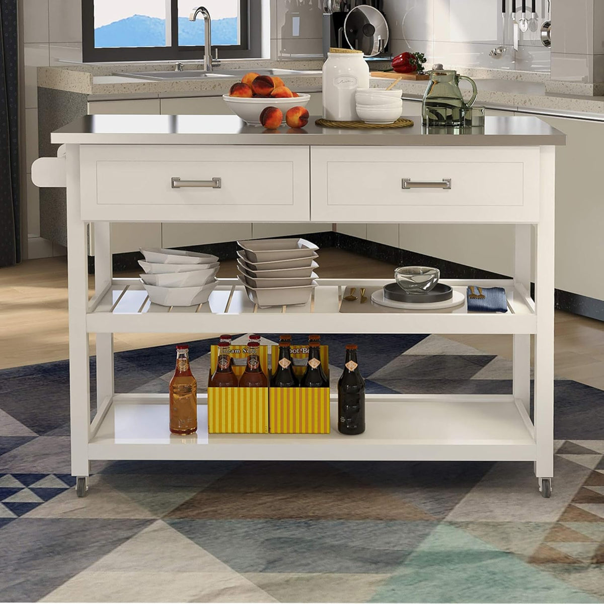 White Kitchen Cart with Stainless Steel Top I88505