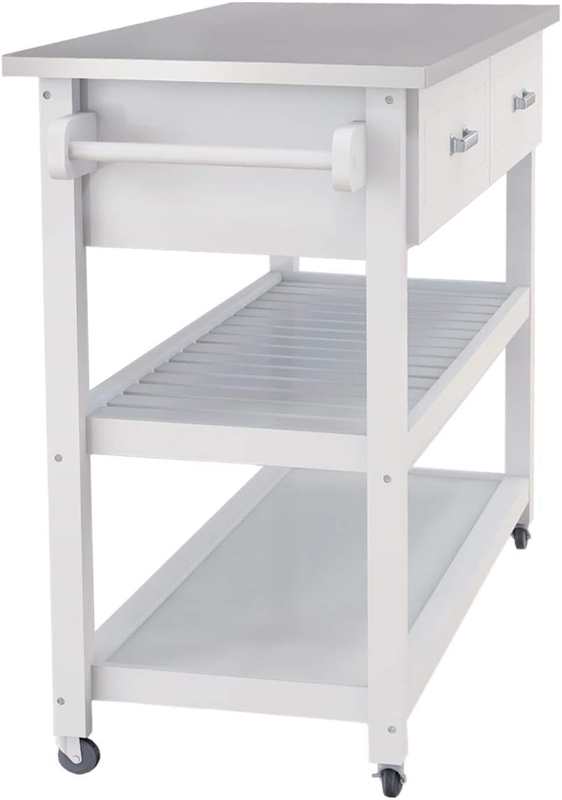 White Kitchen Cart with Stainless Steel Top I88505