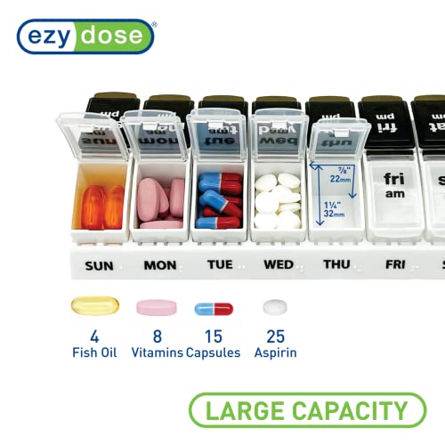 Weekly 7-Day AM/PM Pill Case, Black and Clear Lids G535