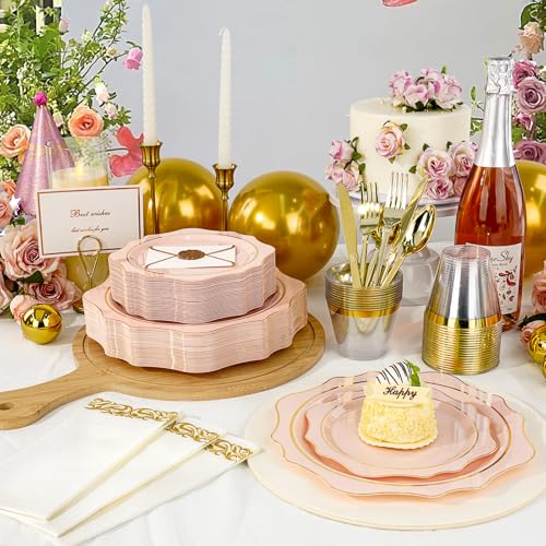 350 PCS Clear and Gold Plastic Plates, 50 Cups, 150 Silverwares, 50 Napkins H63891