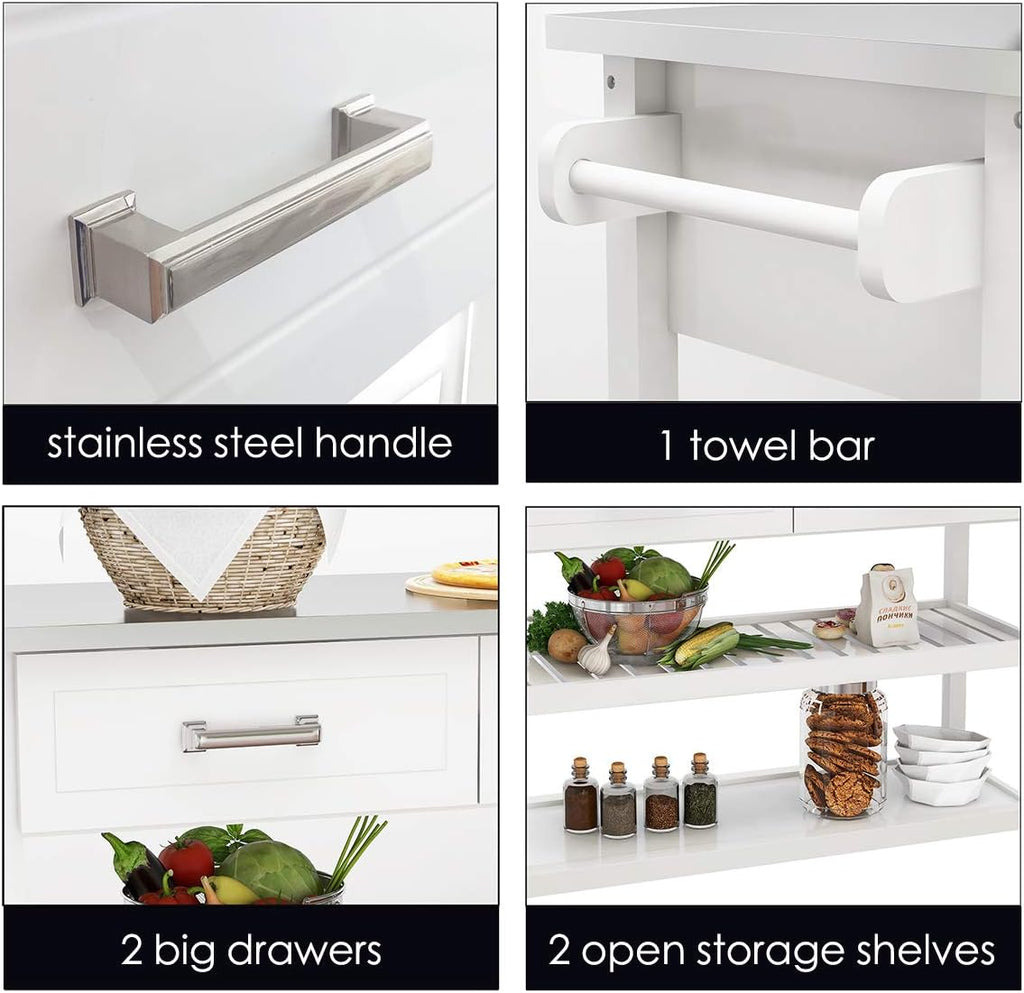 White Kitchen Cart with Stainless Steel Top I88505