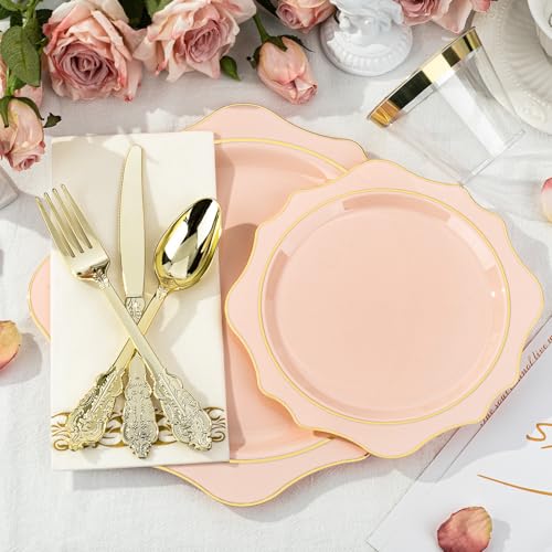 350 PCS Clear and Gold Plastic Plates, 50 Cups, 150 Silverwares, 50 Napkins H63891
