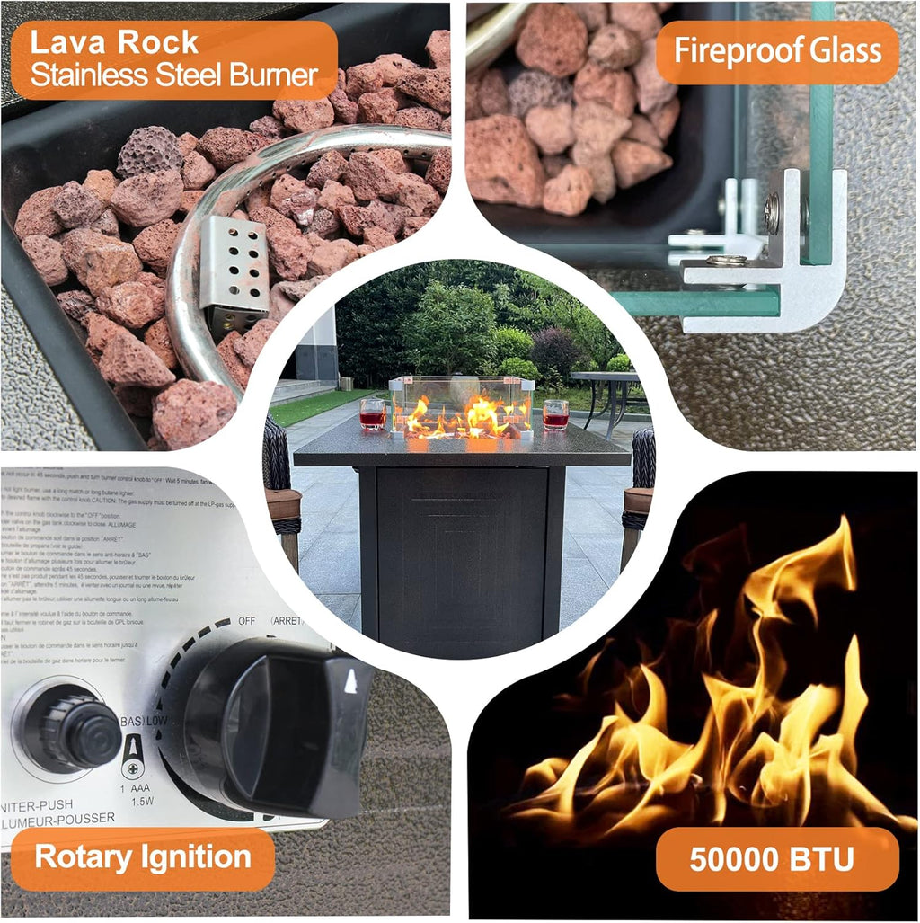 50000BTU Metal Propane Fire Pit Table with Glass Wind Guard and Lava Stone T300