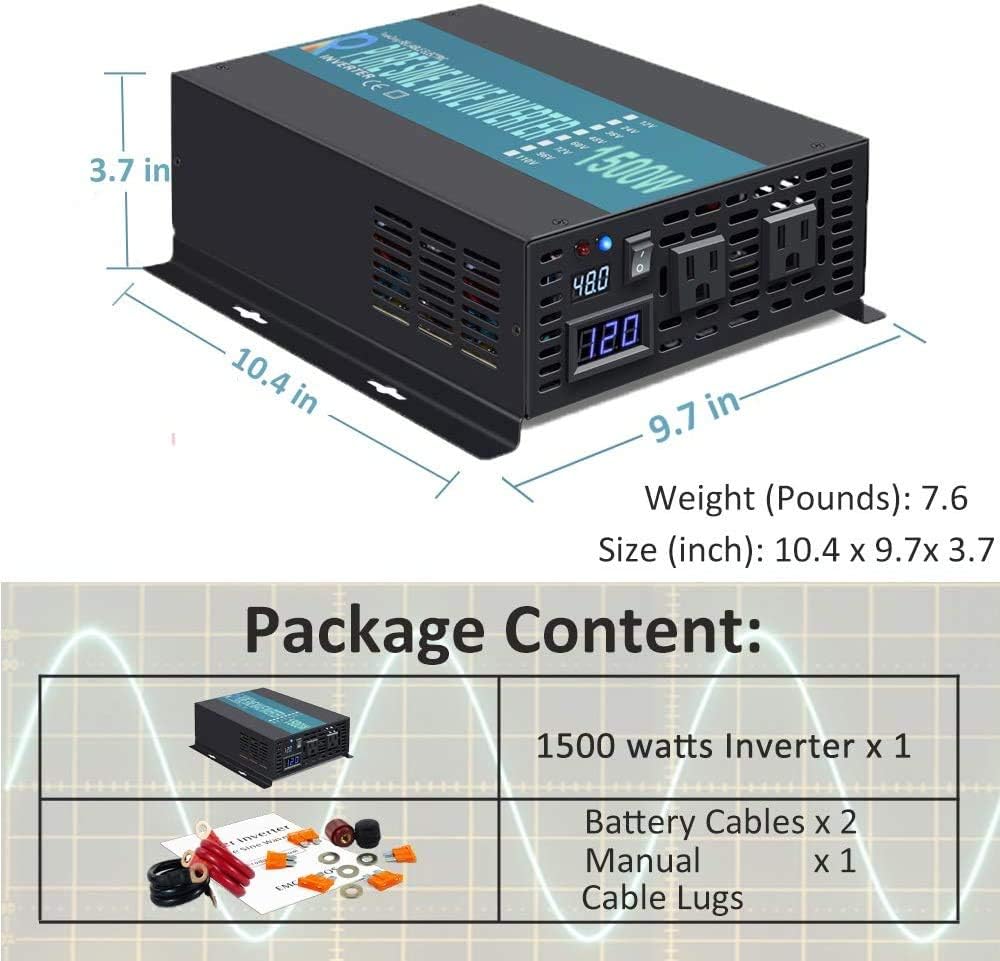 1500W Pure Sine Wave Power Inverter with 2 AC Outlets J865196