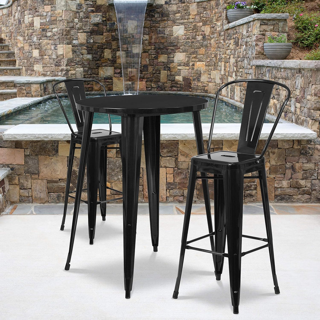 30 Round Silver Metal Indoor-Outdoor Bar Table Set with 2 Cafe Stools K974139