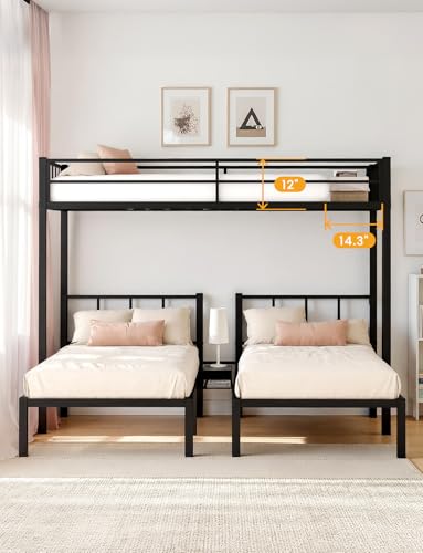 Black Metal Triple Bunk Bed with Guardrails and Ladder A244734