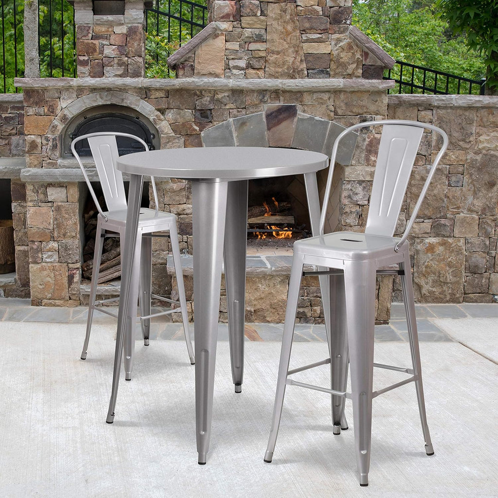 30 Round Silver Metal Indoor-Outdoor Bar Table Set with 2 Cafe Stools K974139