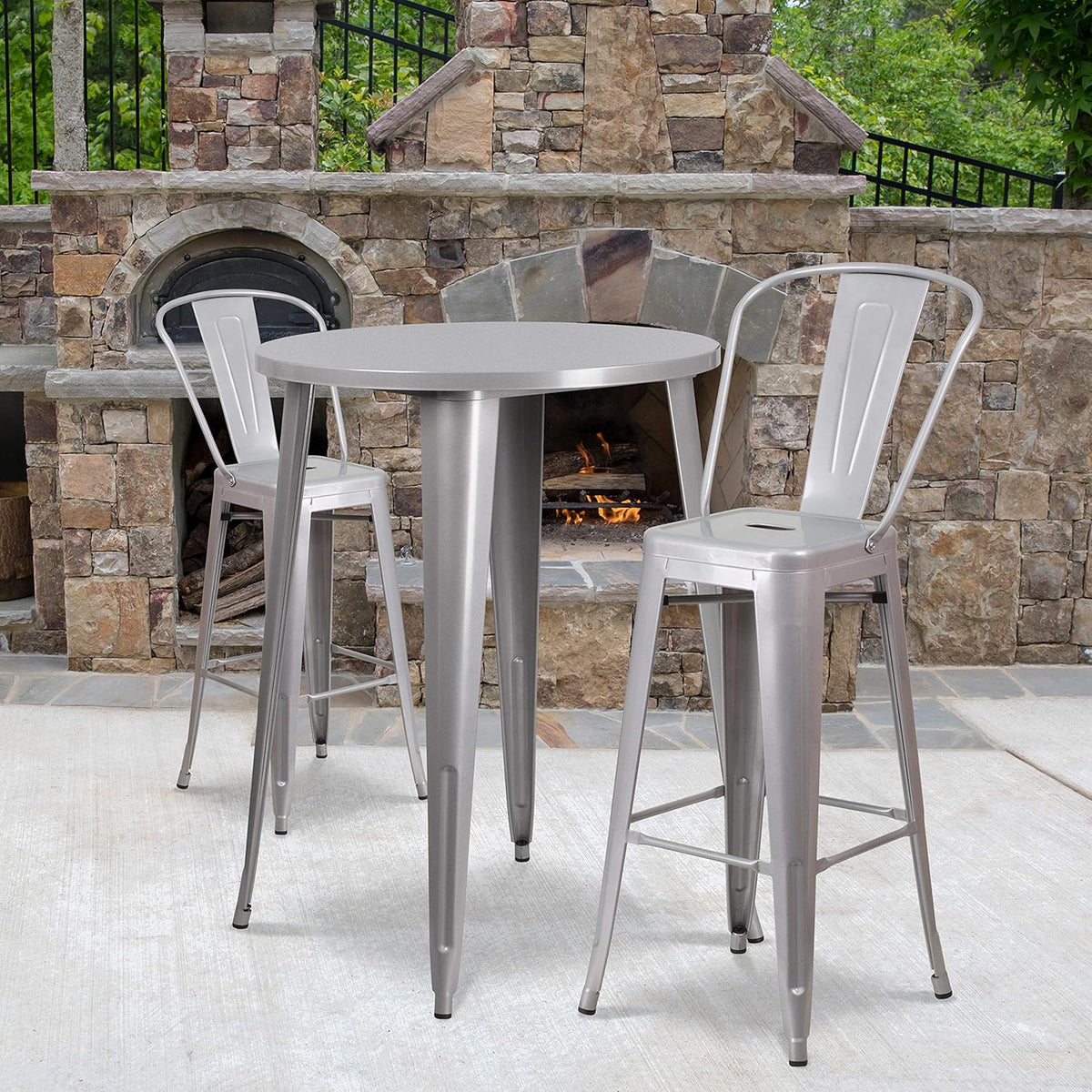 30 Round Silver Metal Indoor-Outdoor Bar Table Set with 2 Cafe Stools K974139
