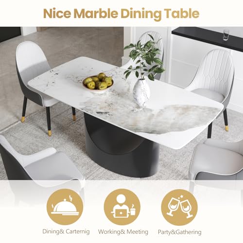 63" White Marble Sintered Stone Top Rectangle Dining Table with Black Carbon Steel Pedestal A201