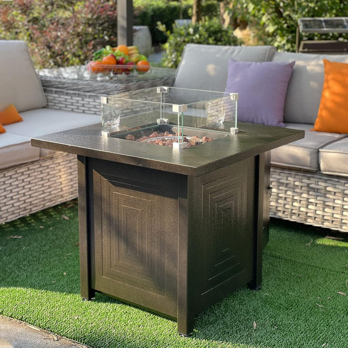 50000BTU Metal Propane Fire Pit Table with Glass Wind Guard and Lava Stone T300