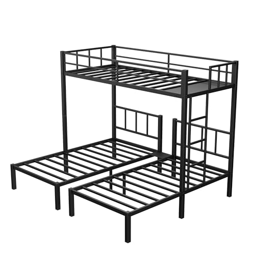 Black Metal Triple Bunk Bed with Guardrails and Ladder A244734