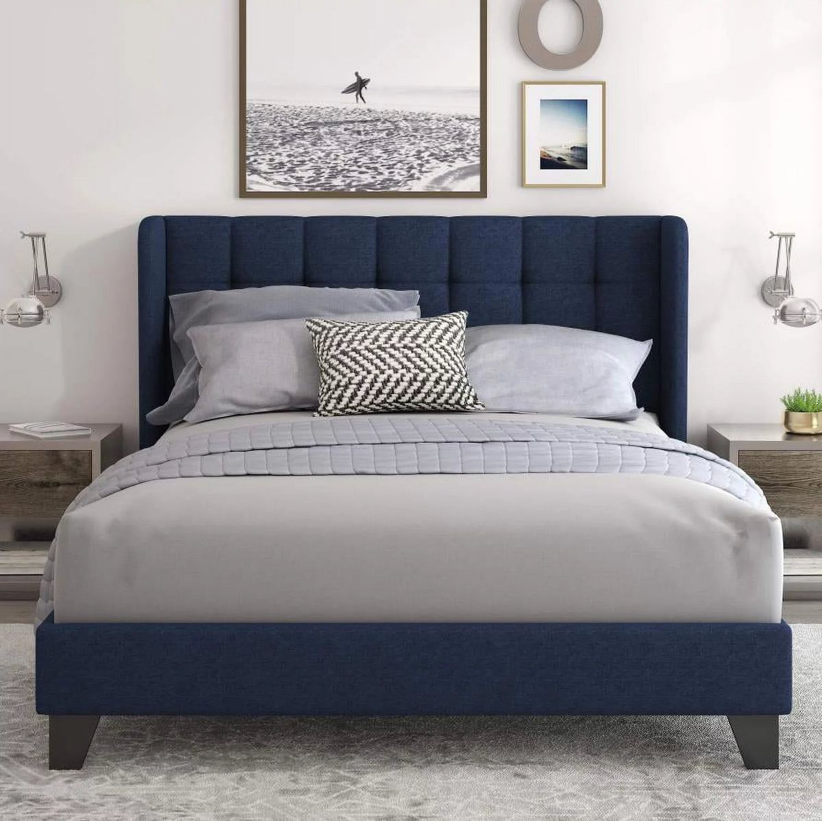Queen Platform Bed Frame with Upholstered Wingback Linen Fabric Headboard I87493
