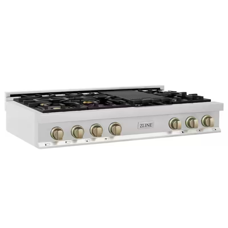 48 in. 7 Burner Gas Cooktop with Champagne Bronze Knobs in Stainless Steel U5632
