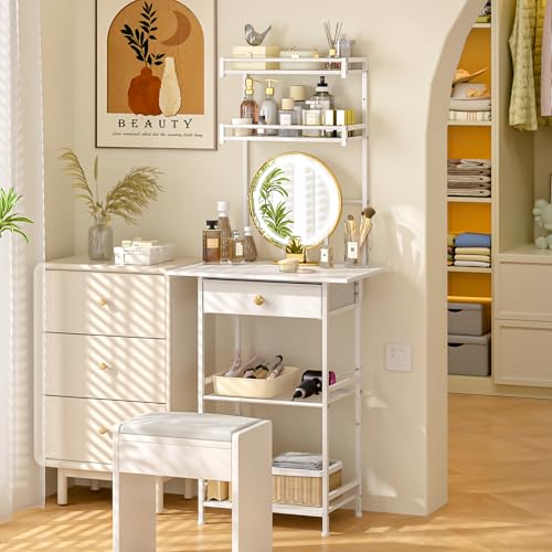 White Compact Vanity Desk with Fabric Drawers A63052