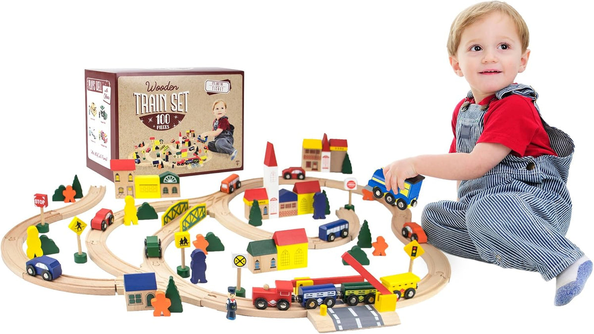 100-Piece Wooden Train Track Town Starter Set I34769
