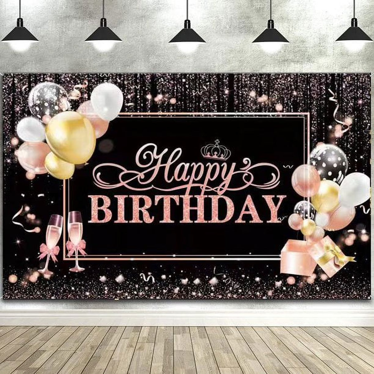 Rose Gold Glitters Birthday Banner Backdrop 45" x 70" U84028