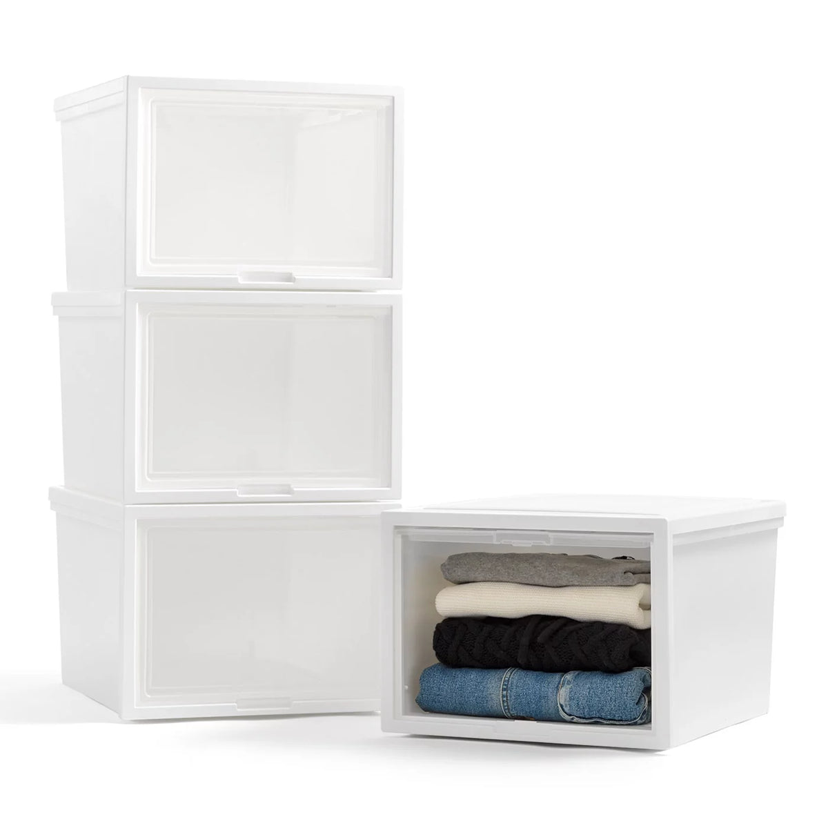 42 Qt. Stackable Plastic Storage Chest with Flip-Up Door, 4 Pack, White M53209