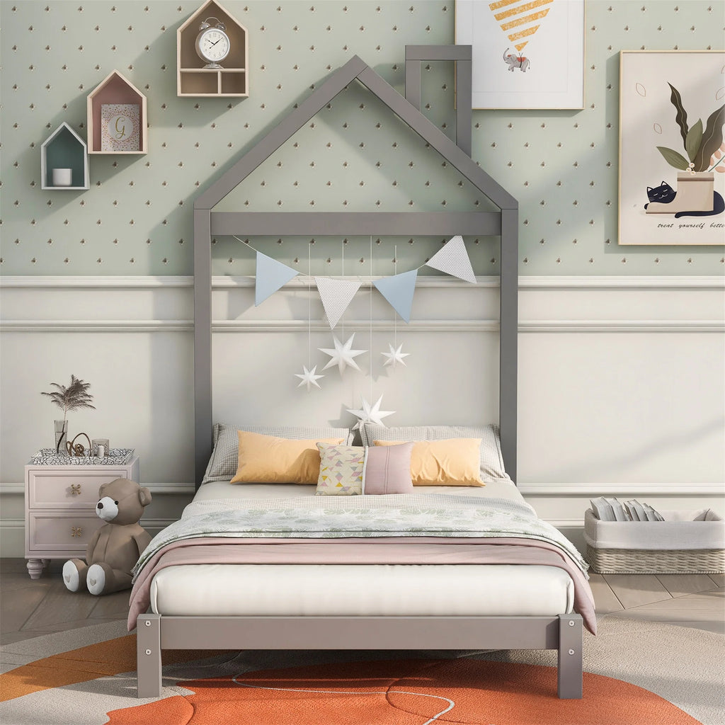 Twin Size Wood Platform Bed with House-shaped Headboard B732103