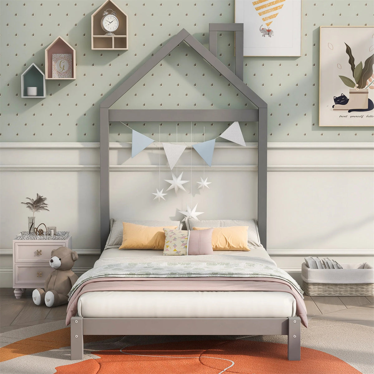Twin Size Wood Platform Bed with House-shaped Headboard B732103