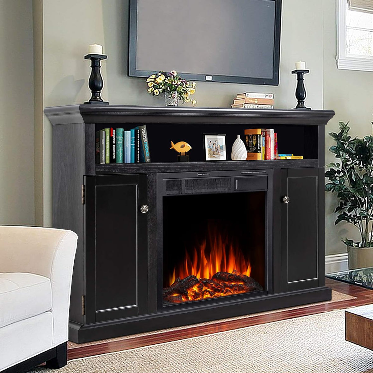 Electric Fireplace TV Stand Wood Mantel with LED Flames, Storage Bin, Remote Control, Dark Espresso G2228