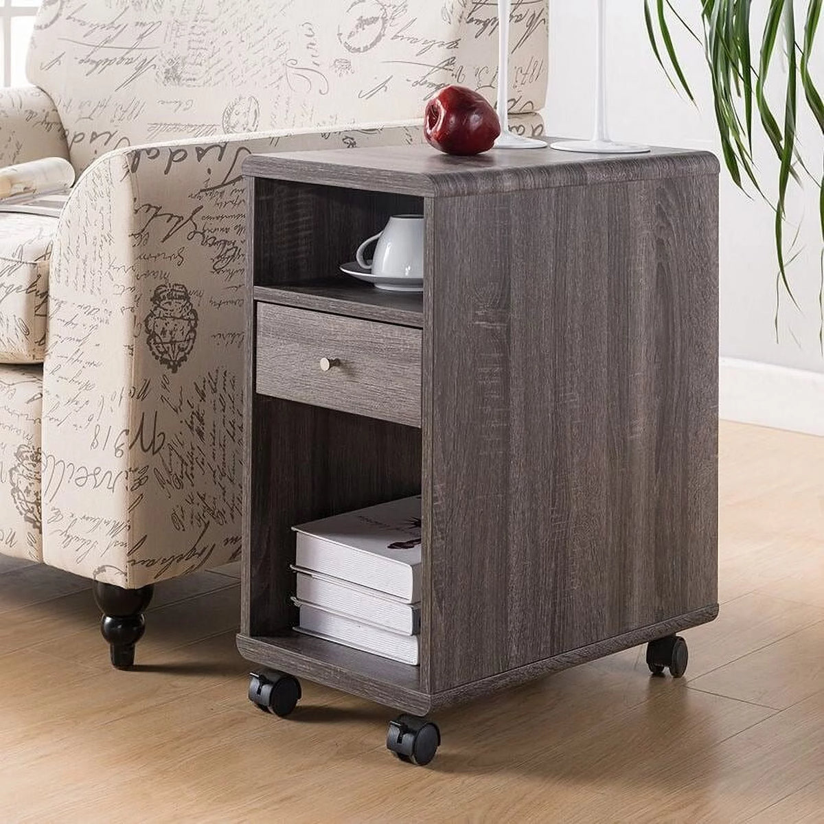 Wheel End Table with Storage Distressed Grey Q805
