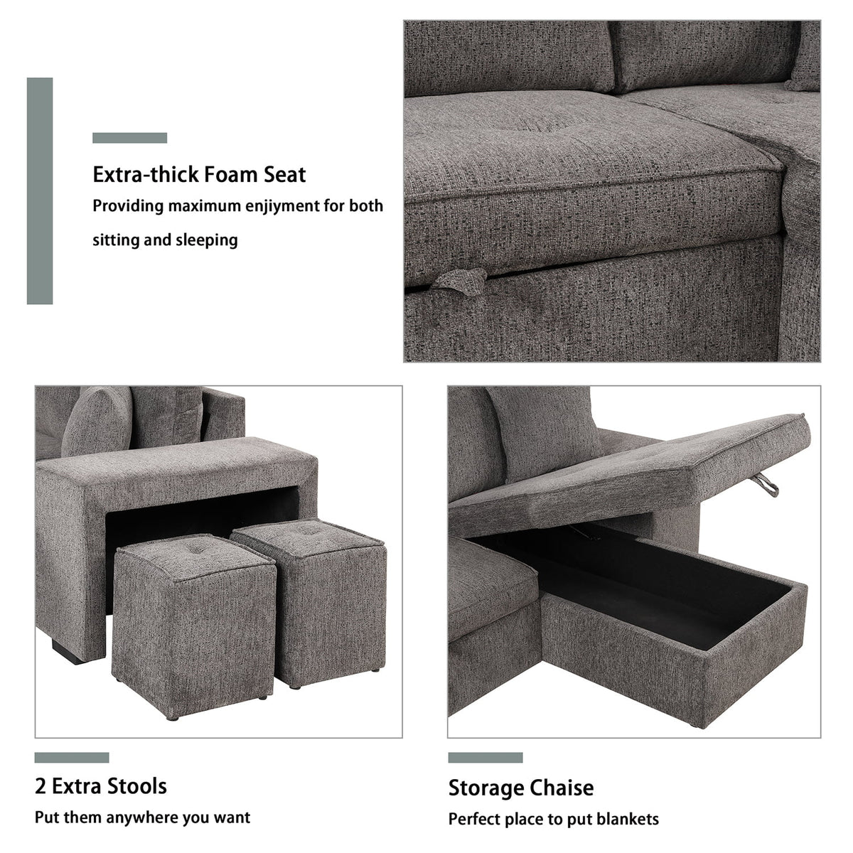 104" Reversible Sectional Couch with Pull Out Bed, L Shape Sleeper Sofa with Storage Chaise and 2 Stools H802746