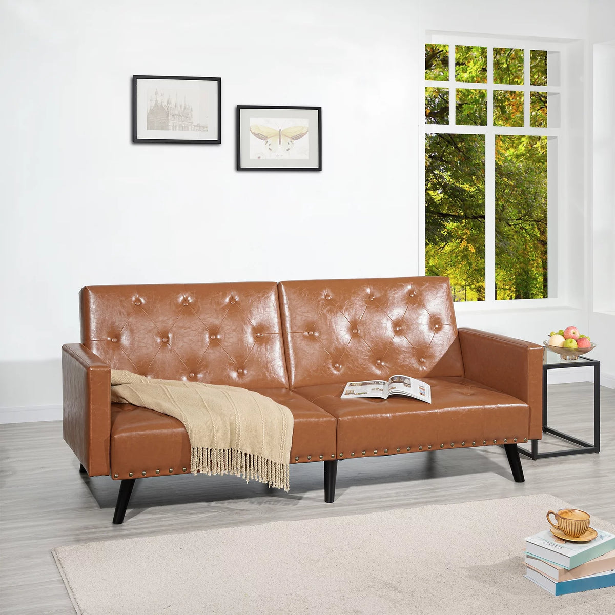 Caramel Faux Leather Tufted Split Back Futon Sofa B545493