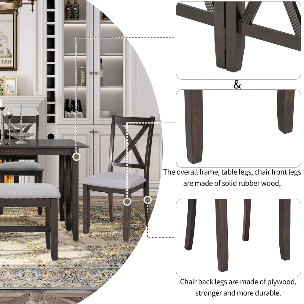 6 Pieces Wood Dining Table Set with Bench and 4 Cushioned Chairs D1648
