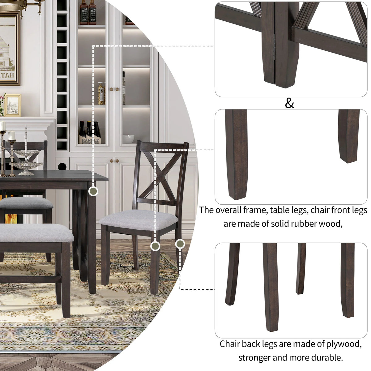 6 Pieces Wood Dining Table Set with Bench and 4 Cushioned Chairs D1648