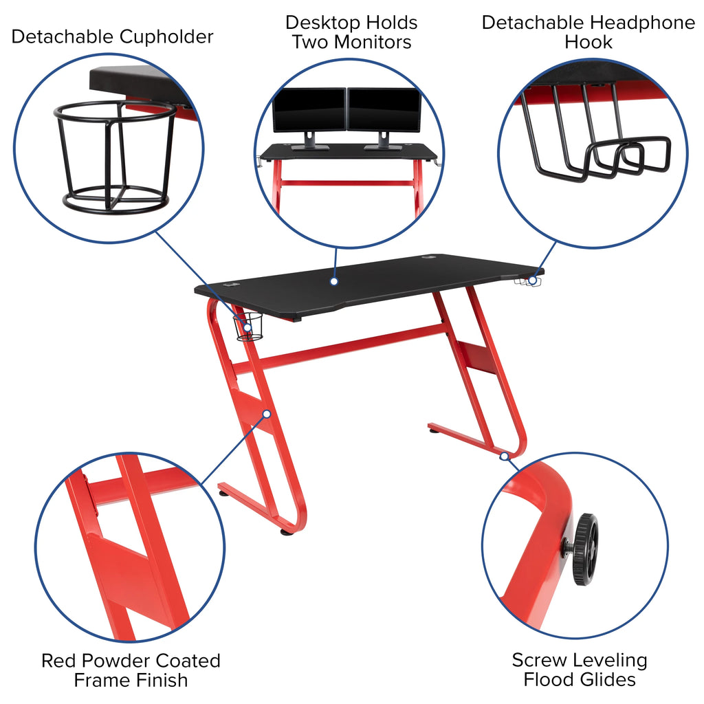 Red Ergonomic Gaming Desk with Cup Holder J377