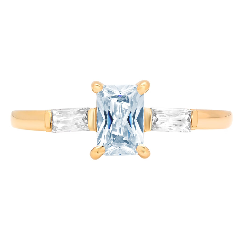 Emerald Cut Blue Topaz 18k Yellow Gold Three-Stone Ring Size 3.5 I2123