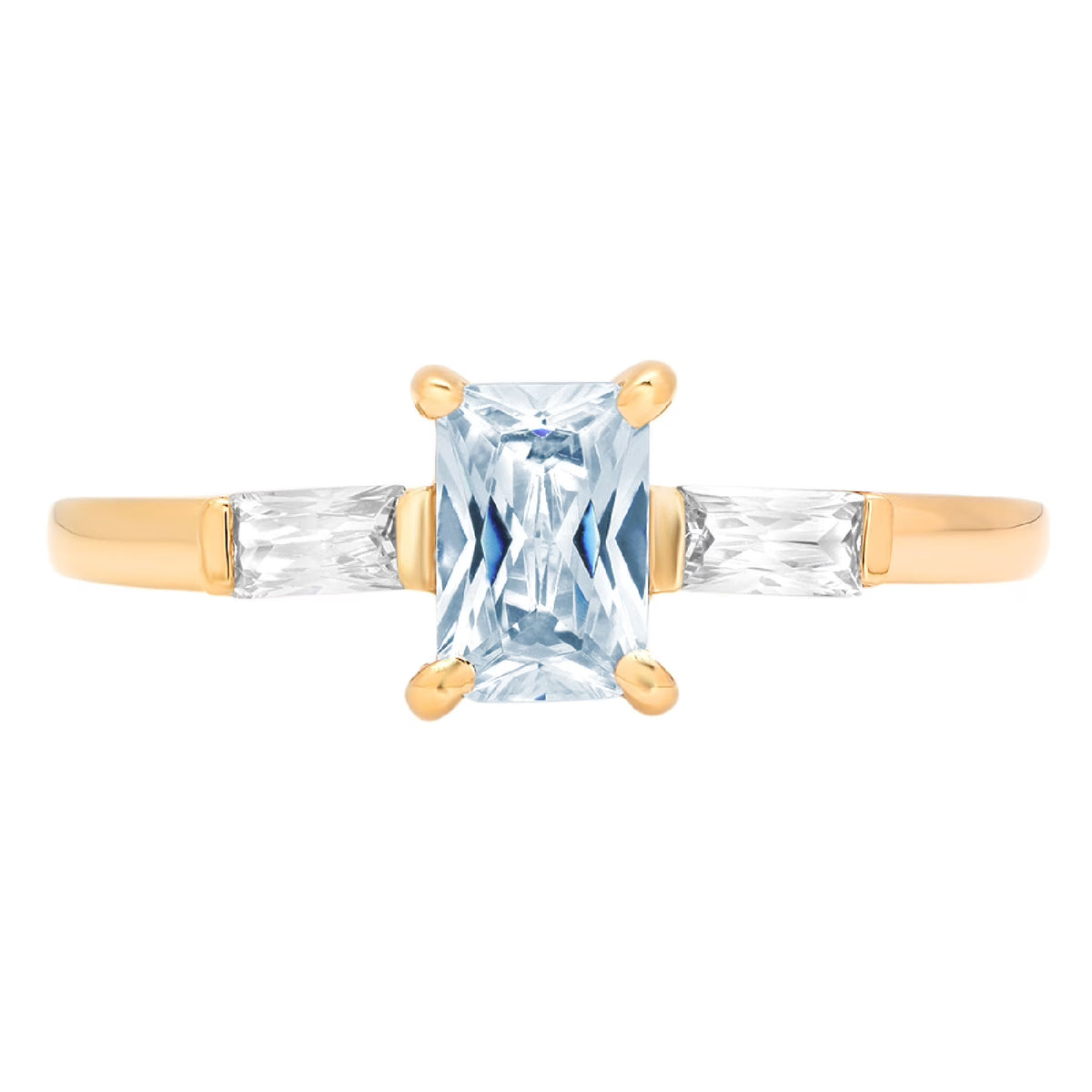 Emerald Cut Blue Topaz 18k Yellow Gold Three-Stone Ring Size 3.5 I2123