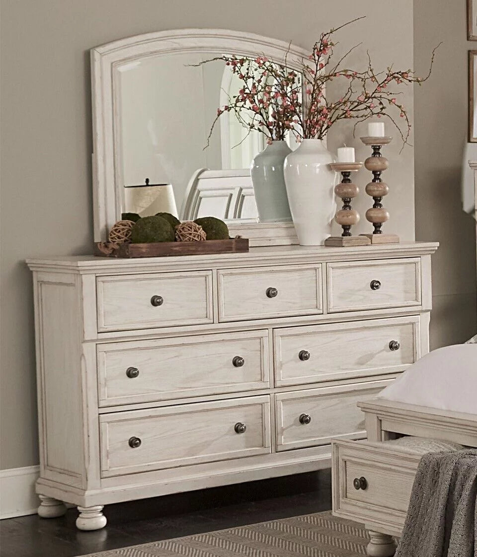 King 5pc Bedroom Set Platform Bed Dresser Mirror Chest Nightstand White R582837