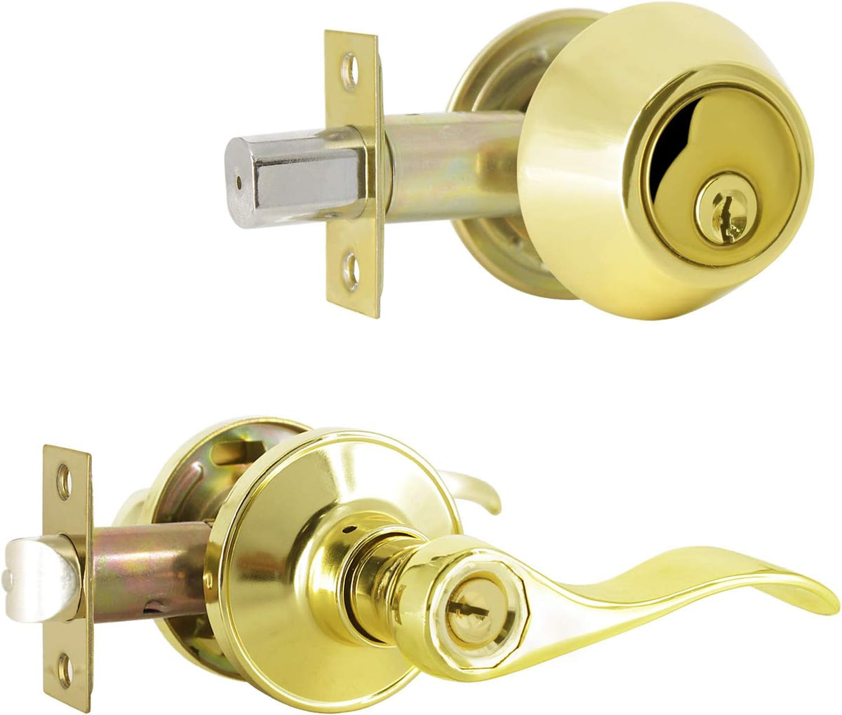 Satin Nickel Entry Lever and Single Cylinder Deadbolt Combo Pack, Keyed Alike Handleset V243744