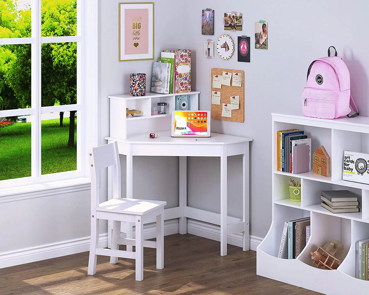 White Wooden Kids Desk with Chair and Storage E148