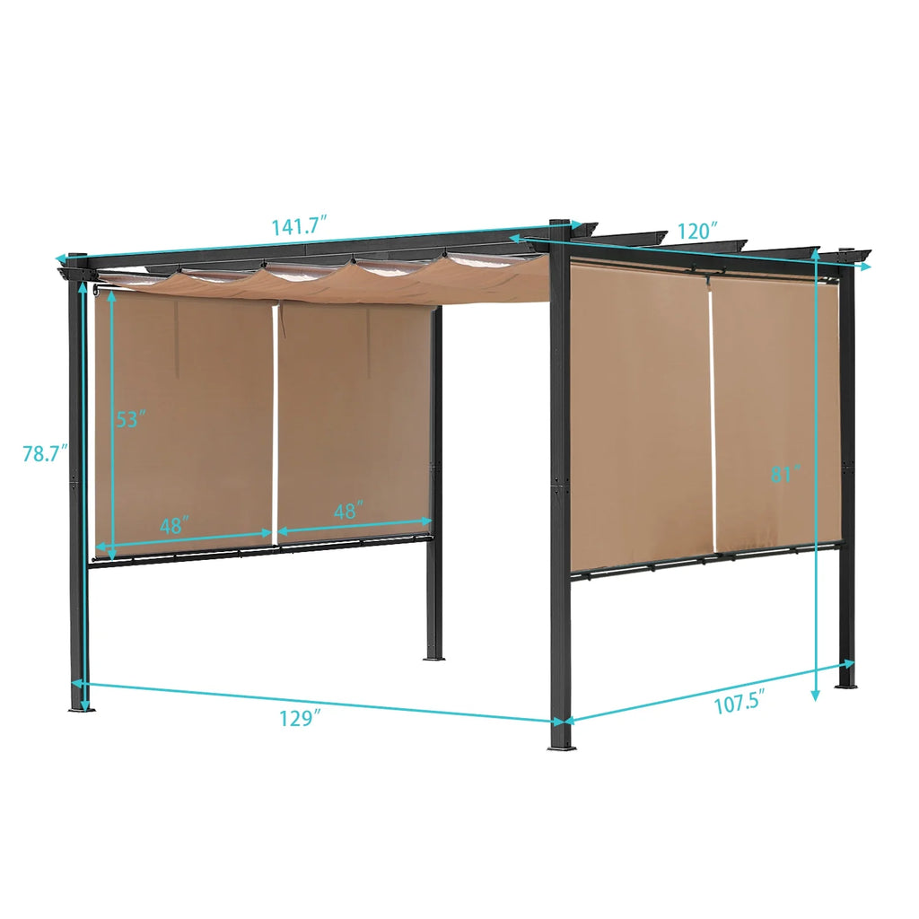 12 x 10 ft Outdoor Pergola with Retractable Shade Canopy, Dark Gray Matte Aluminum Frame, 4 Pieces Roller Shade Curtain Z429214