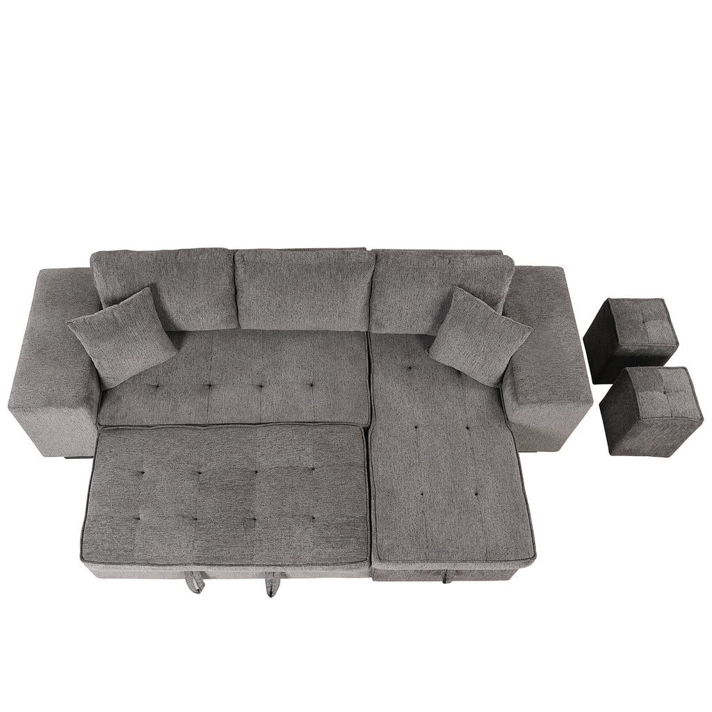 104" Reversible Sectional Couch with Pull Out Bed, L Shape Sleeper Sofa with Storage Chaise and 2 Stools H802746