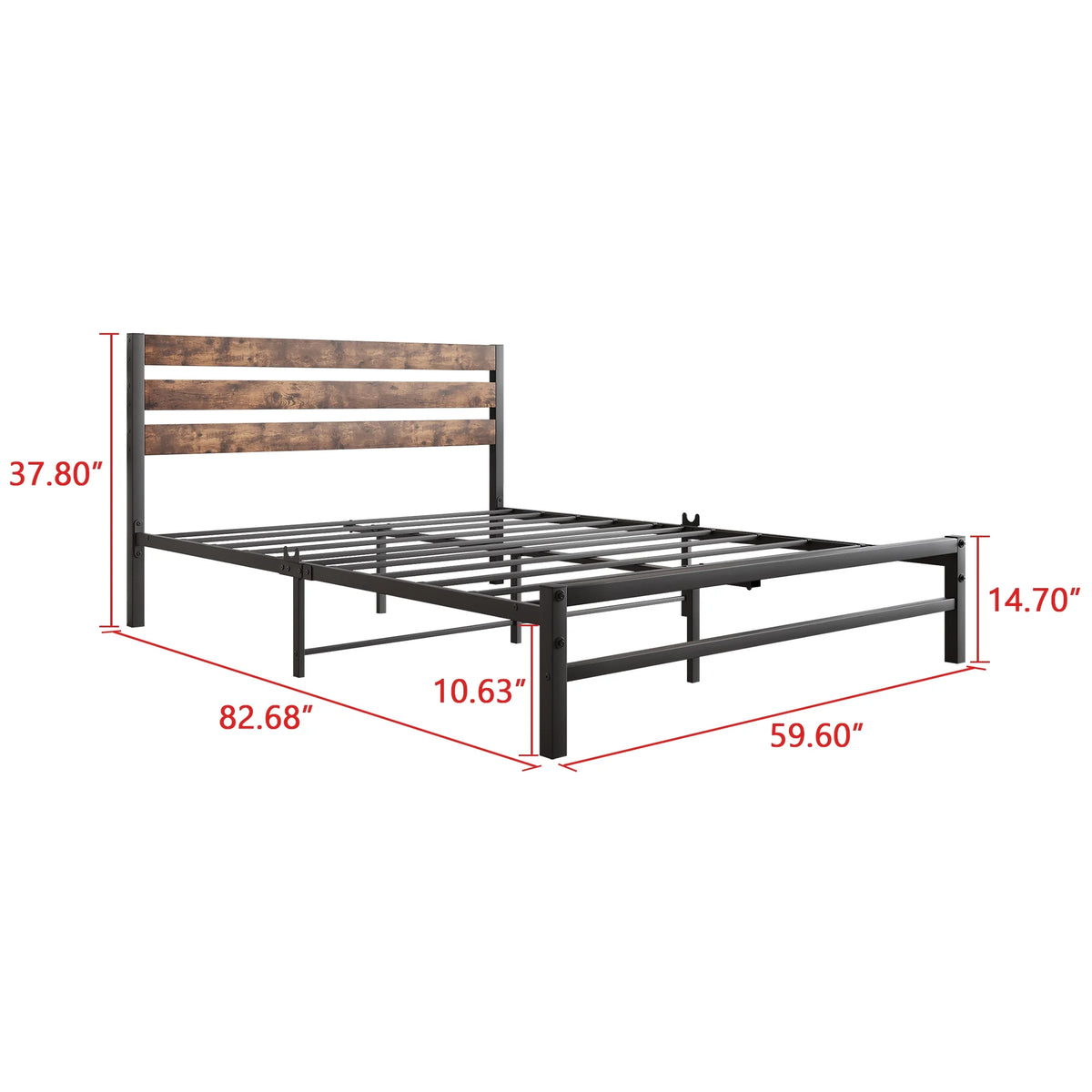 Queen Size Platform Bed Frame with Wood Headboard and Metal Slats T875