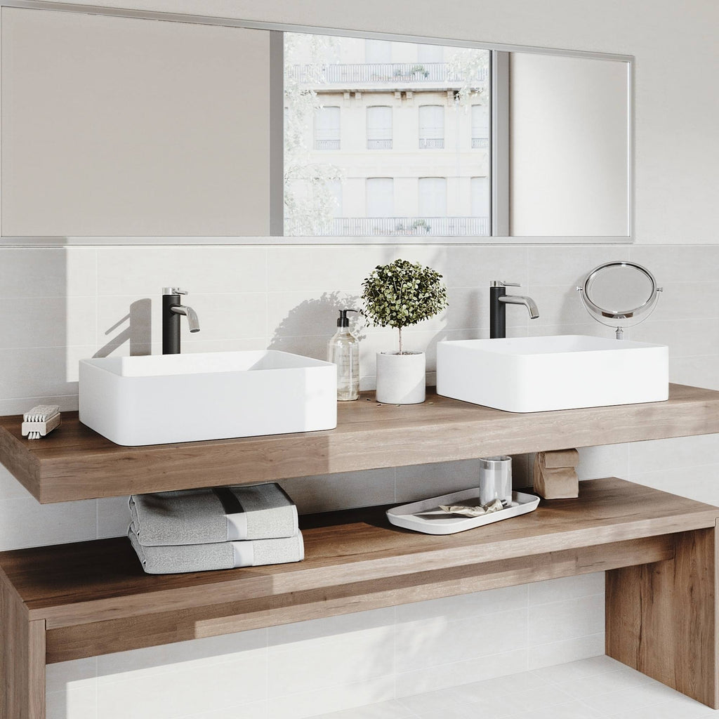White Rectangular Vessel Bathroom Sink with Chrome Faucet and Pop-Up Drain C2620
