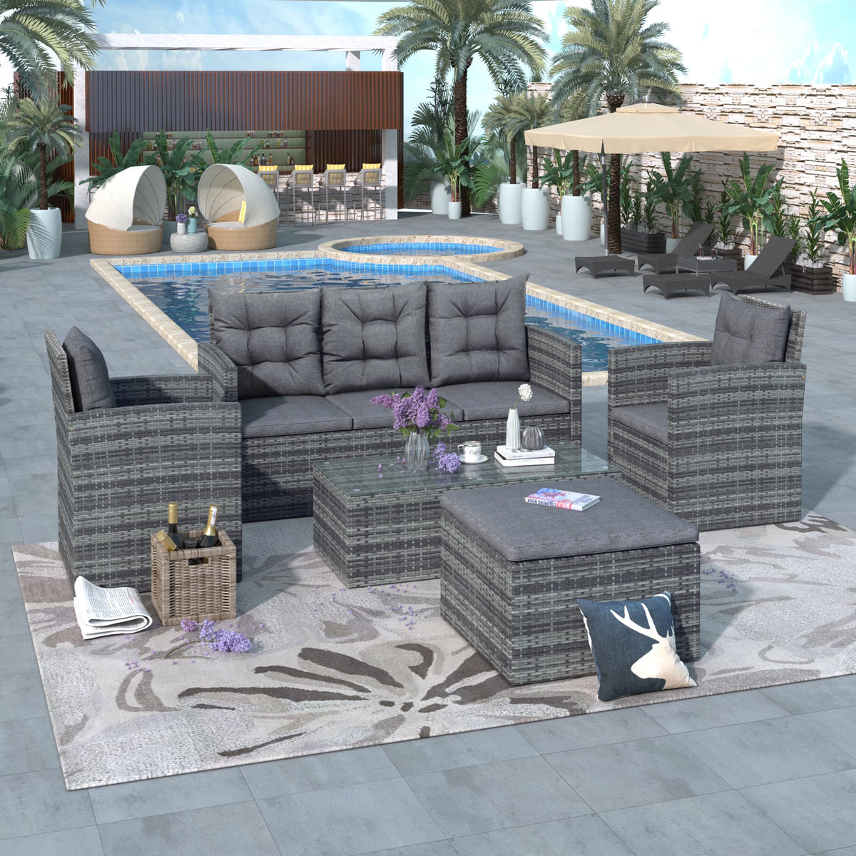 Gray 5-Piece Outdoor PE Wicker Patio Sofa Set with Glass Table A870