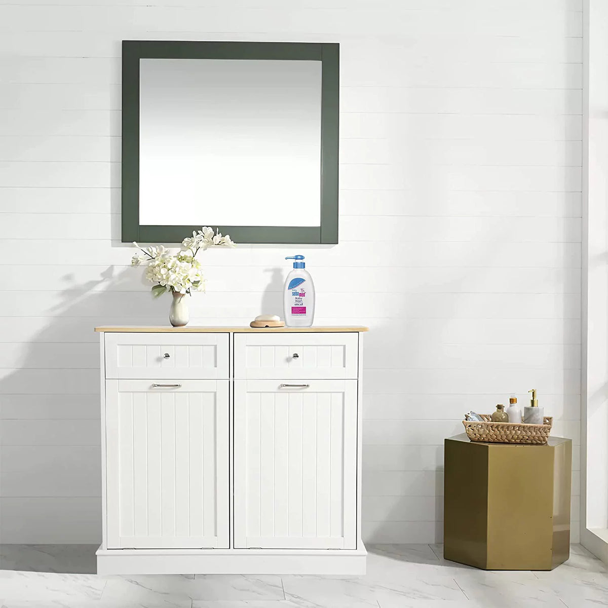 White Double Tilt Out Trash Cabinet with Drawer P633428