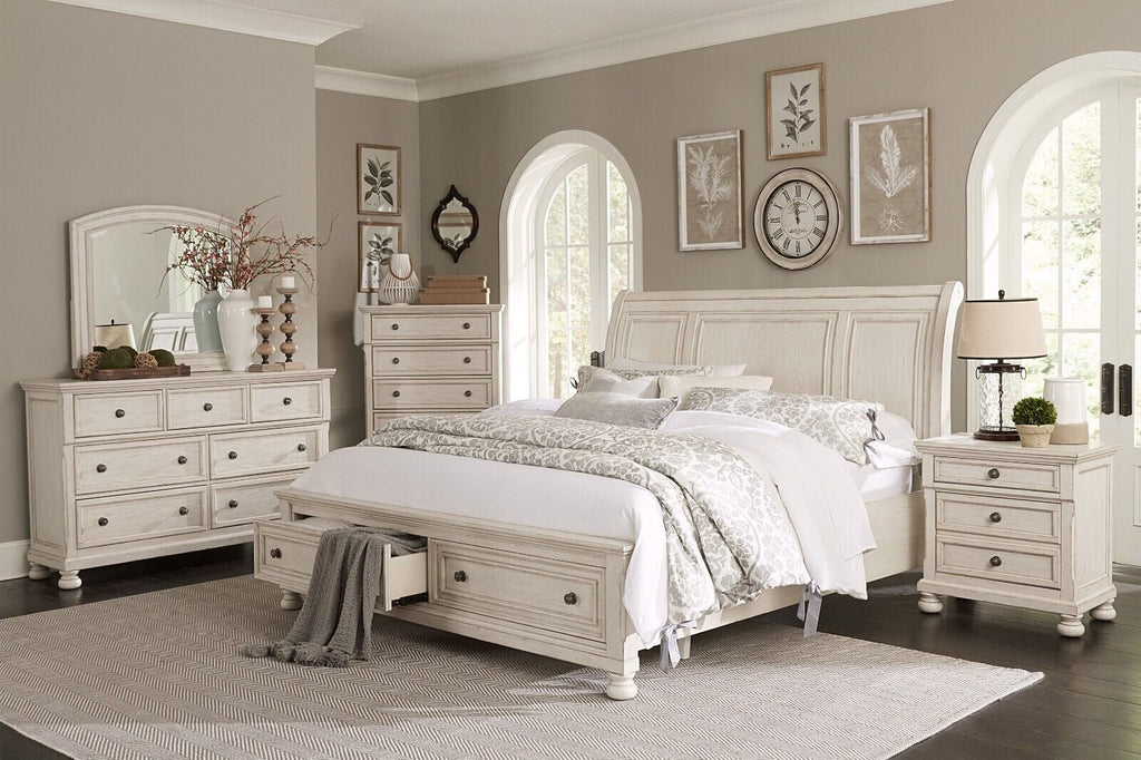 King 5pc Bedroom Set Platform Bed Dresser Mirror Chest Nightstand White R582837