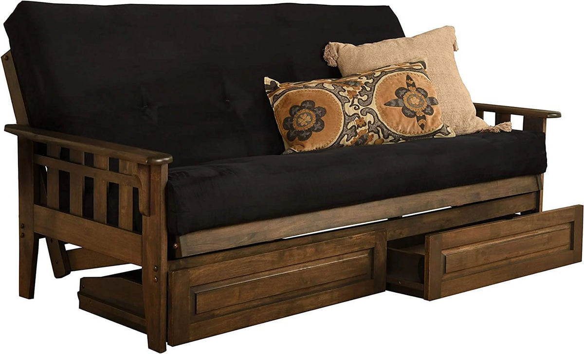 Walnut Futon Frame with Black Mattress & Storage Drawers Full Size G424
