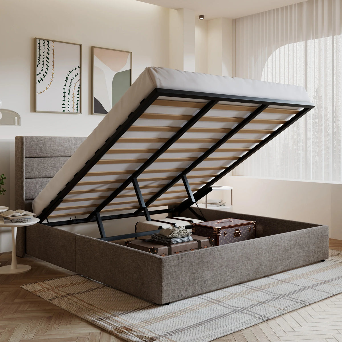 King Size Upholstered Lift up Storage Platform Bed Frame with Wingback Headboard, Beige N7860