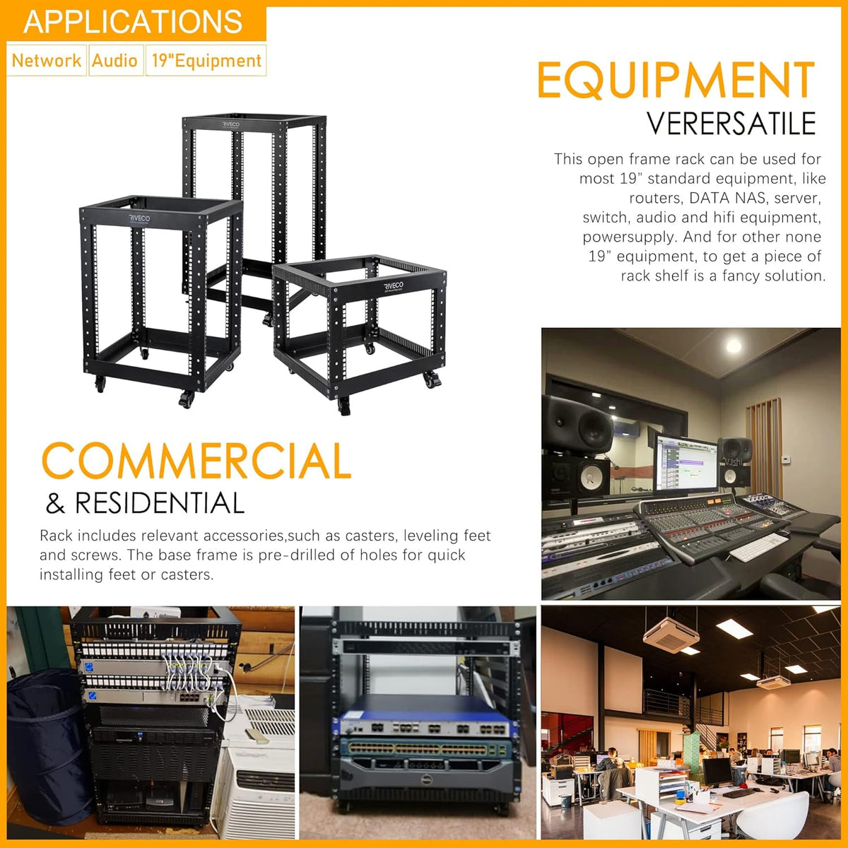 12U Open Frame 19-inch Server Rack with Casters L1153