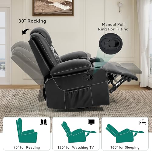 Black Faux Leather Swivel Rocker Recliner Chair with Massage & Heat D393673