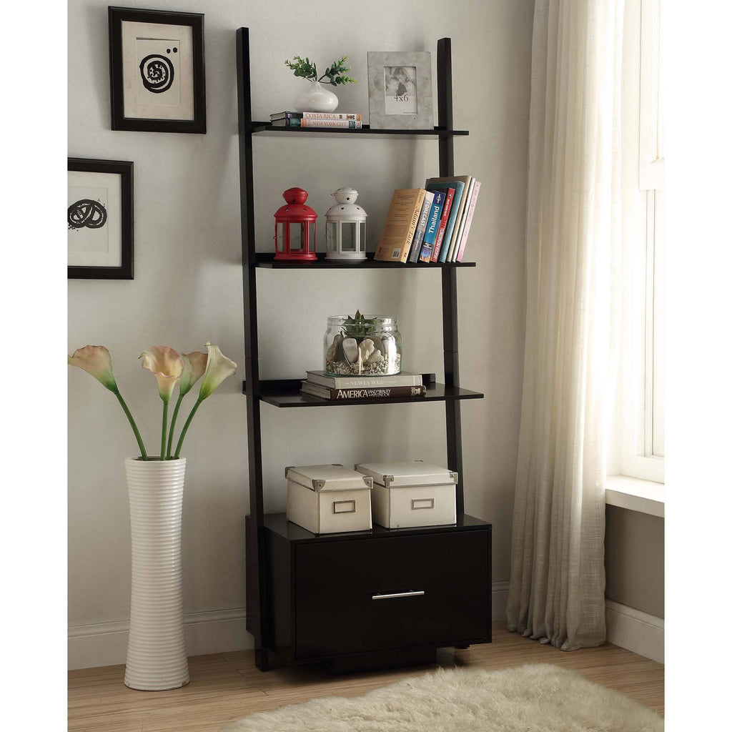 White Ladder Bookcase with File Drawer S245