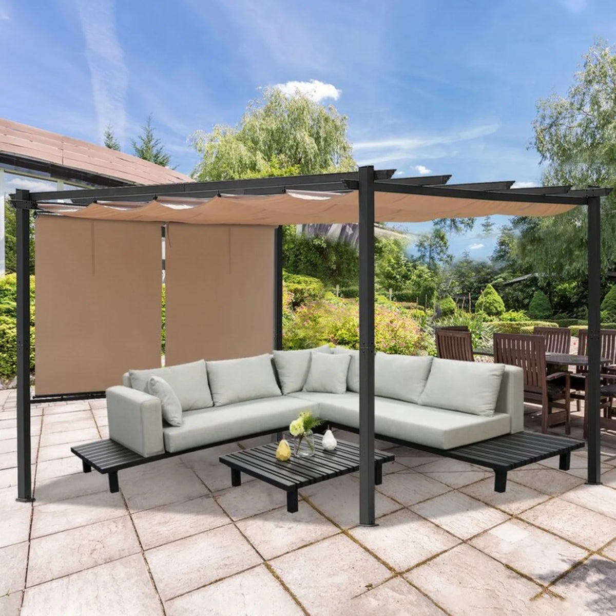 12 x 10 ft Outdoor Pergola with Retractable Shade Canopy, Dark Gray Matte Aluminum Frame, 4 Pieces Roller Shade Curtain Z429214